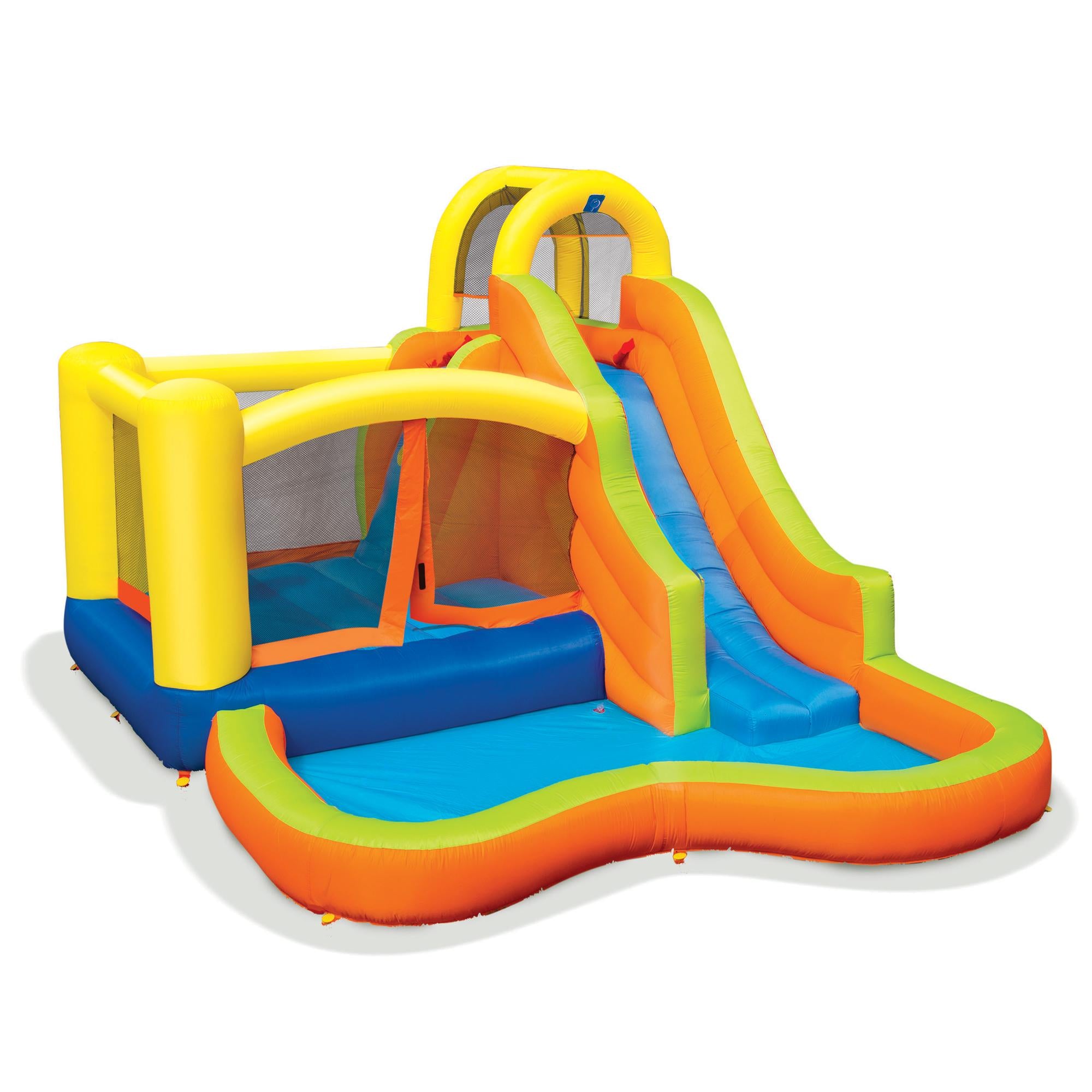 Banzai Sun 'N Splash Fun 12' x 9' x 7' Kids Inflatable Outdoor Backyard Bounce House and Water Slide Splash Park Toy w/ Bouncer,