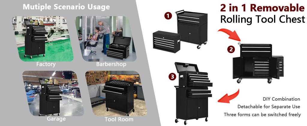 8-Drawer Rolling Tool Chest, 2-in-1 High Capacity Removable Cabinet StoraTool Box with Wheels and Drawers, Detachable Toolbox with Lock for Workshop Mechanics Gara(Black)