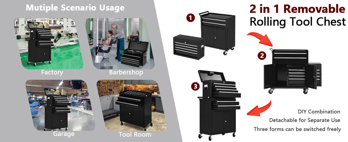 8-Drawer Rolling Tool Chest, 2-in-1 High Capacity Removable Cabinet StoraTool Box with Wheels and Drawers, Detachable Toolbox with Lock for Workshop Mechanics Gara(Black)