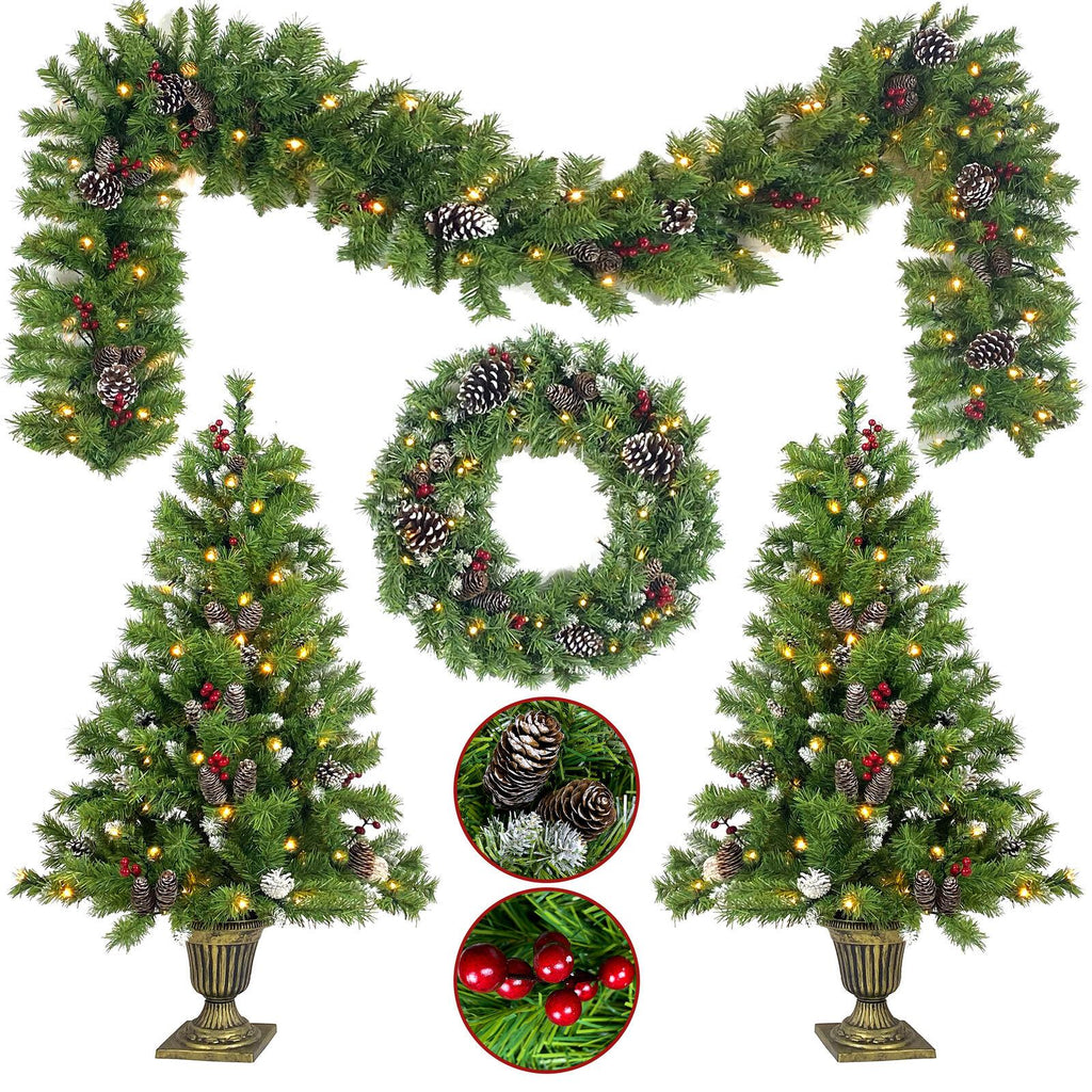 Pre-lit Artificial Christmas 4-Piece Set,, Wreath and 2 Entrance Trees US