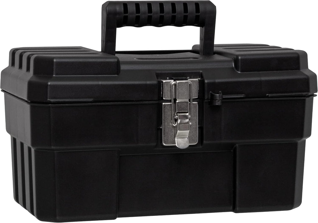 14-Inch Plastic Toolbox with Removable Tray, Steel Latch & Padlock Eye, Industrial-Grade Tool Box for Tools, Crafts, First Aid & Hobby Supplies, 14" x 8" x 8", Made in USA, Black (09514)