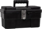 14-Inch Plastic Toolbox with Removable Tray, Steel Latch & Padlock Eye, Industrial-Grade Tool Box for Tools, Crafts, First Aid & Hobby Supplies, 14" x 8" x 8", Made in USA, Black (09514)