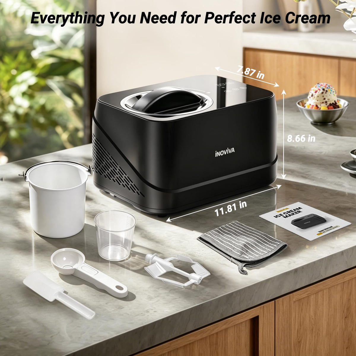 Ice Cream Maker Automatic 1.7 Pt, No Pre-Freezing,-In Compressor, Digital Display & Timer,3 Presets, Makes ice cream, Gelato, Perfect for home & party, IM001