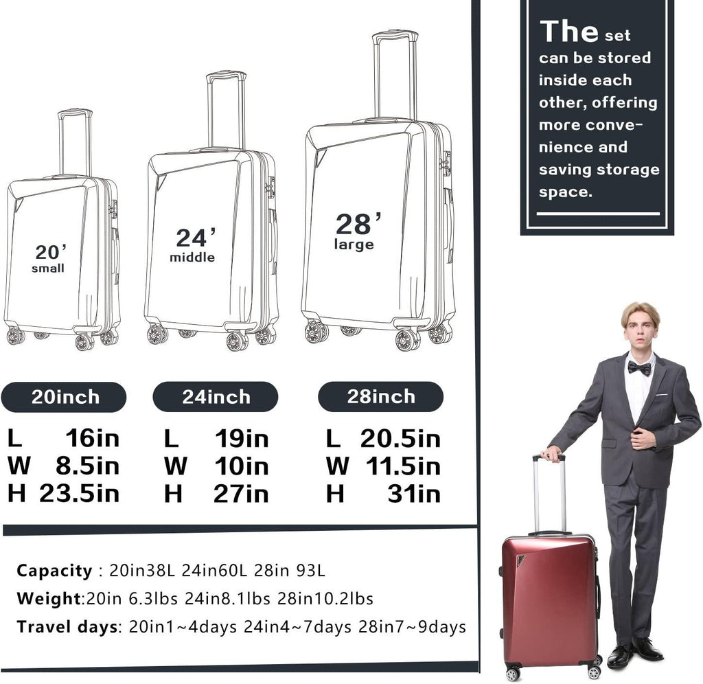 Luggage 3 Piece Sets PC+ABS Spinner Suitcase 20 inch 24 inch 28 inch