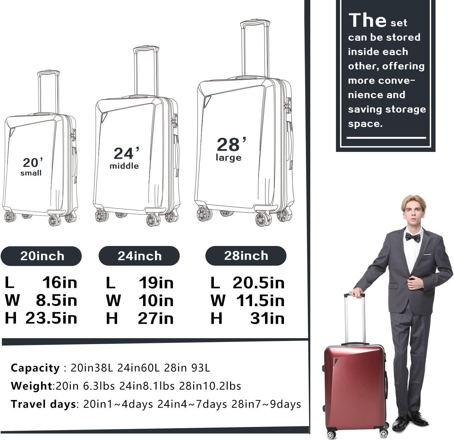 Luggage 3 Piece Sets PC+ABS Spinner Suitcase 20 inch 24 inch 28 inch