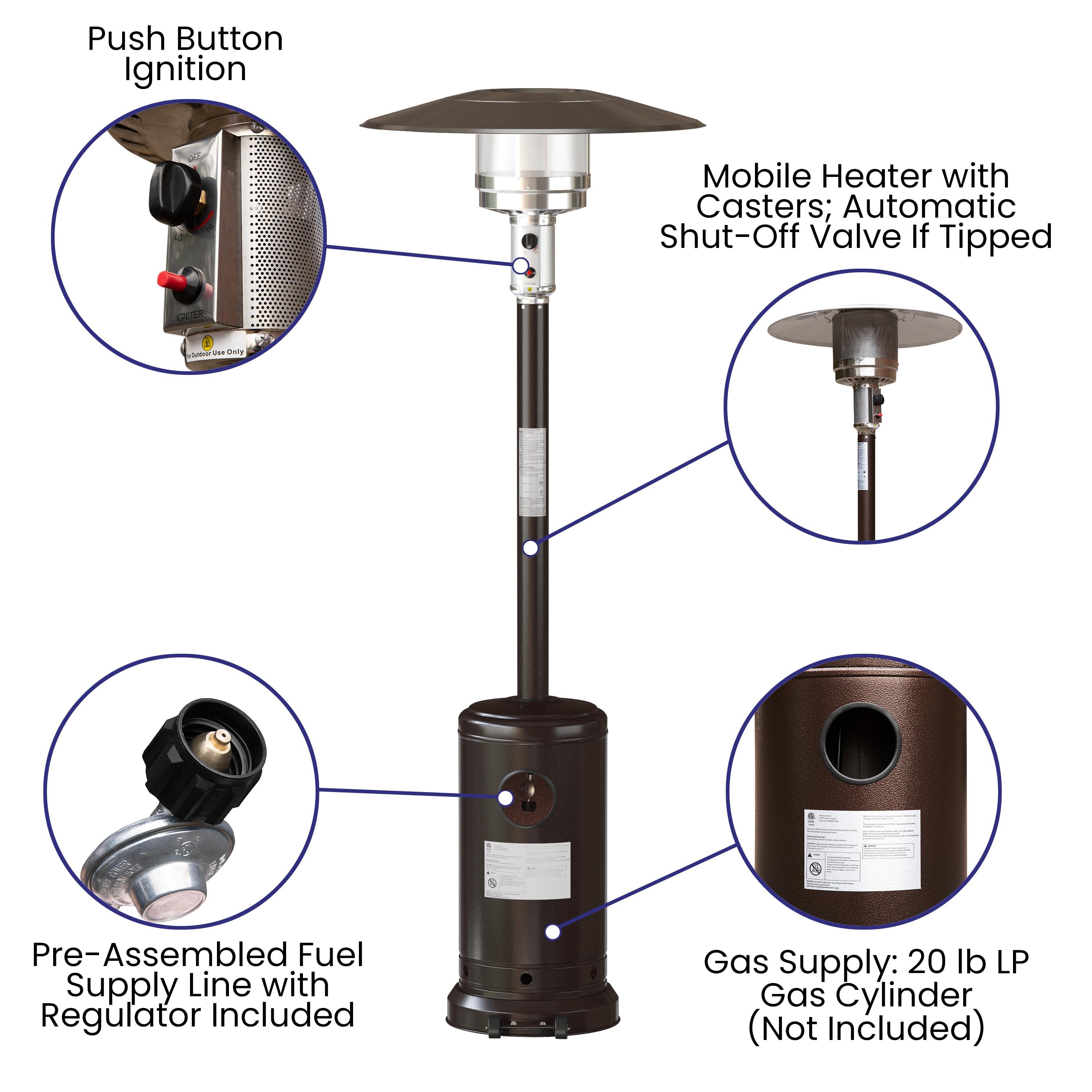 BizChair Patio Outdoor Heating-Bronze Stainless Steel 40,000 BTU Propane Heater with Wheels for Commercial &amp; Residential Use-7.5 Feet Tall