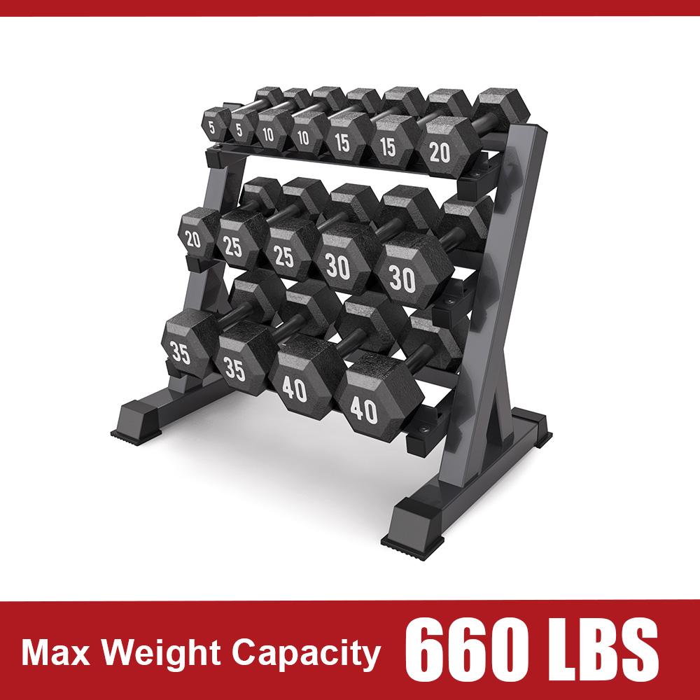 Delfy Dumbbell Rack 3 shelves, storafor dumbbells of all weights, angled storashelves, load capacity 300kg