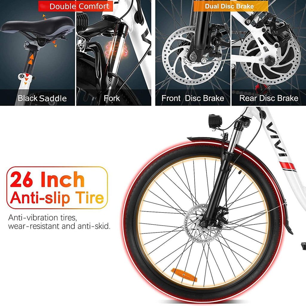 VIVI 350W Electric Bikes, 26 Inch Electric Bicycle for Adults/Women/Men, 36V 8Ah Removable Lithium Battery, 7 Speed Comfortable City Ebike Cruiser Commuter Bicycle