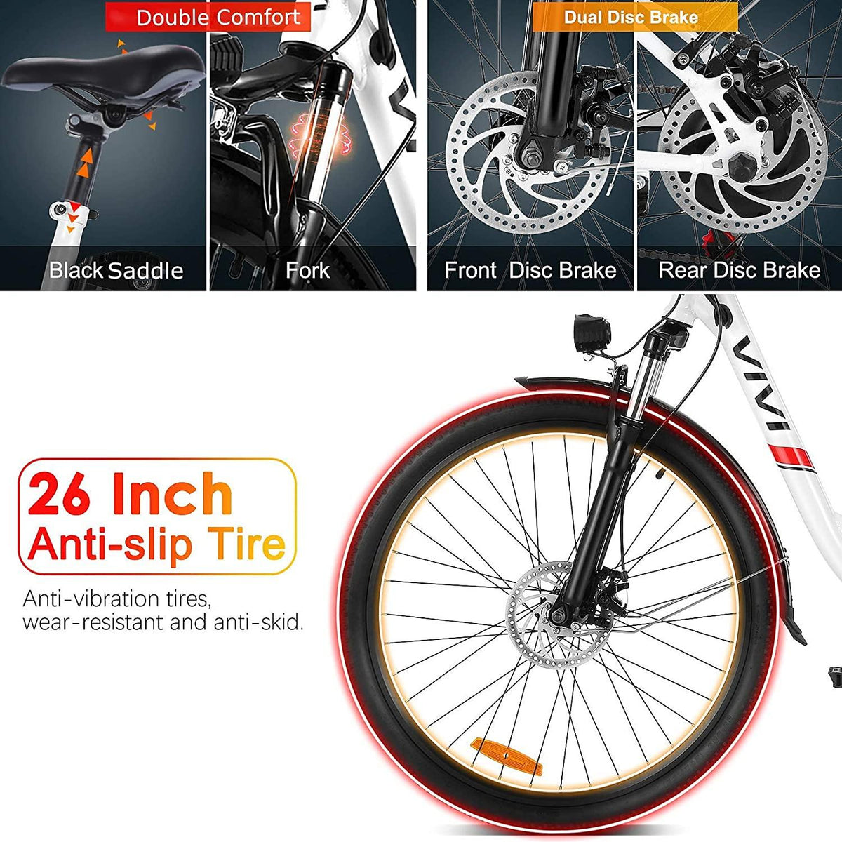 VIVI 350W Electric Bikes, 26 Inch Electric Bicycle for Adults/Women/Men, 36V 8Ah Removable Lithium Battery, 7 Speed Comfortable City Ebike Cruiser Commuter Bicycle