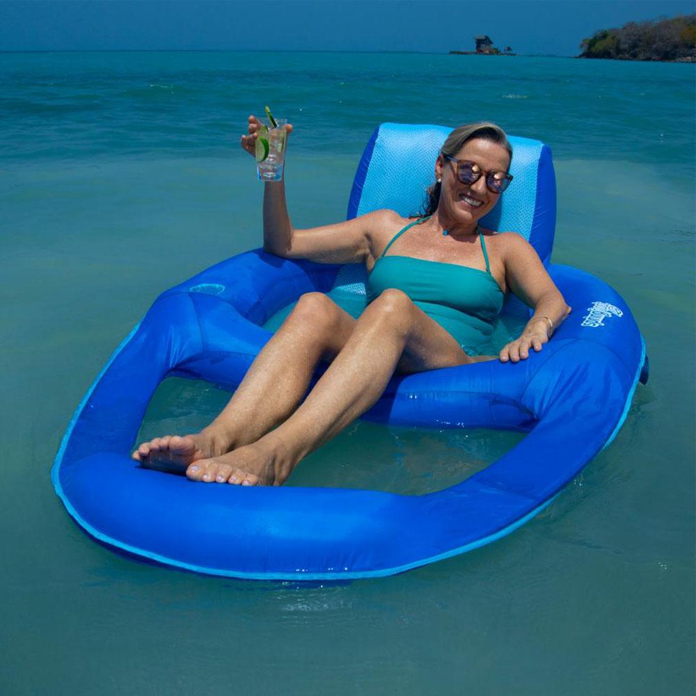 SwimWays 6060121 Spring Float Recliner Extra Large Summertime Relaxation Comfortable Lounge Seat with Cup Holder, Blue (4 Pack)