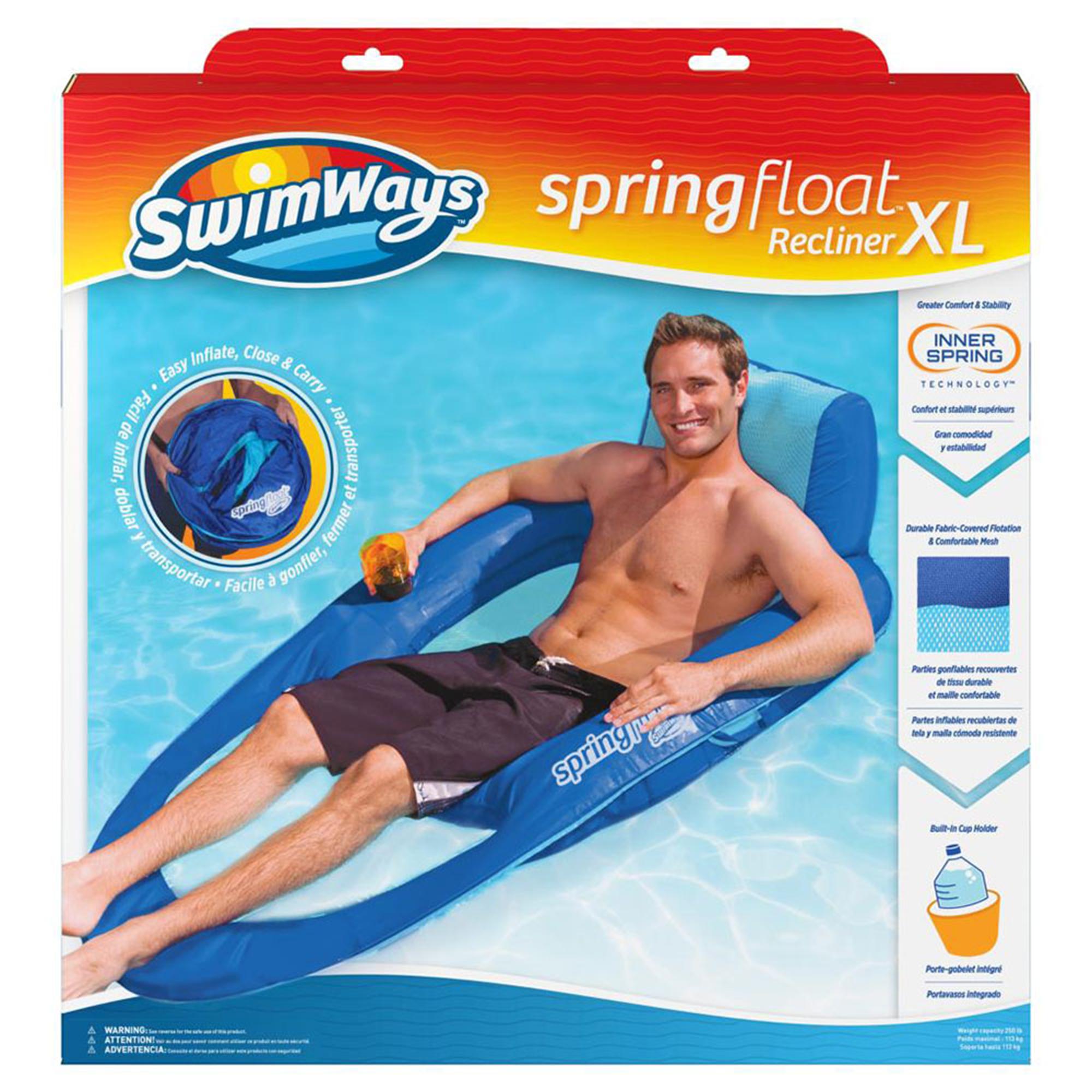 SwimWays 6060121 Spring Float Recliner Extra Large Summertime Relaxation Comfortable Lounge Seat with Cup Holder, Blue (4 Pack)