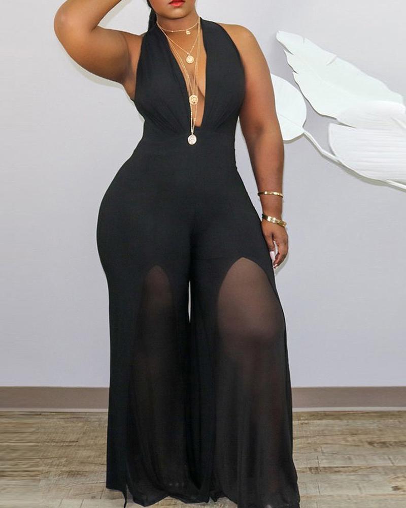 plus size sleeveless sheer mesh plunge jumpsuit