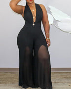 plus size sleeveless sheer mesh plunge jumpsuit