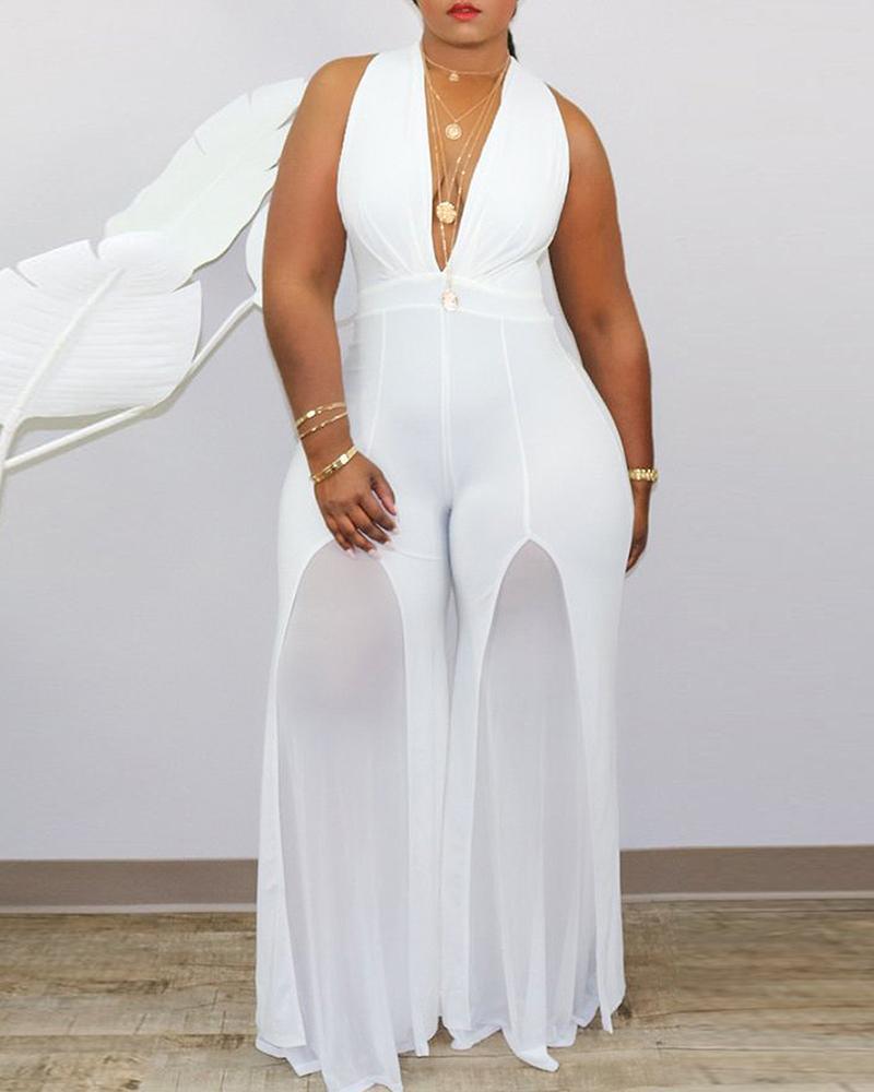 plus size sleeveless sheer mesh plunge jumpsuit