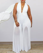 plus size sleeveless sheer mesh plunge jumpsuit