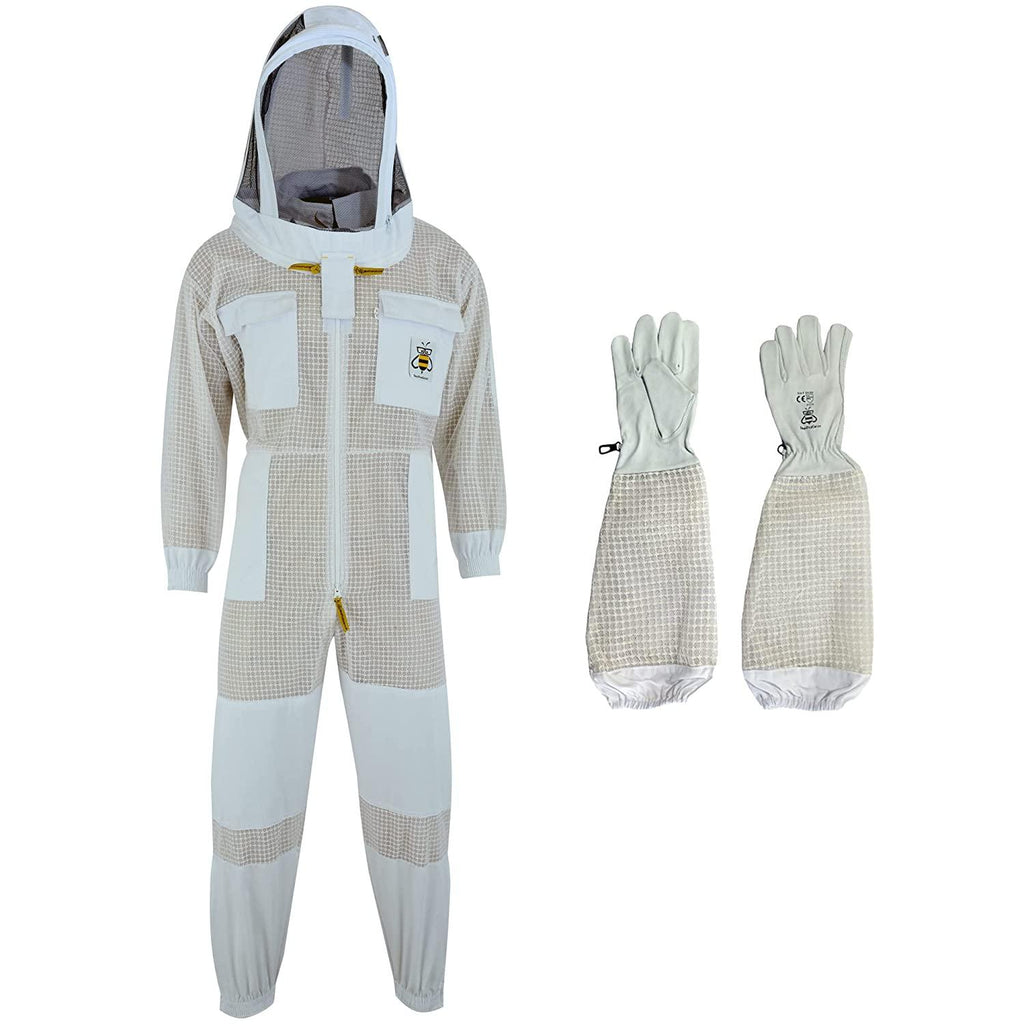beeprogear ventilated bee suit for men - 3x ultra protective layer beekeeping suit - premium white fabric mesh bee keepers suite - professional bee suit for women with fencing veil (4xl)
