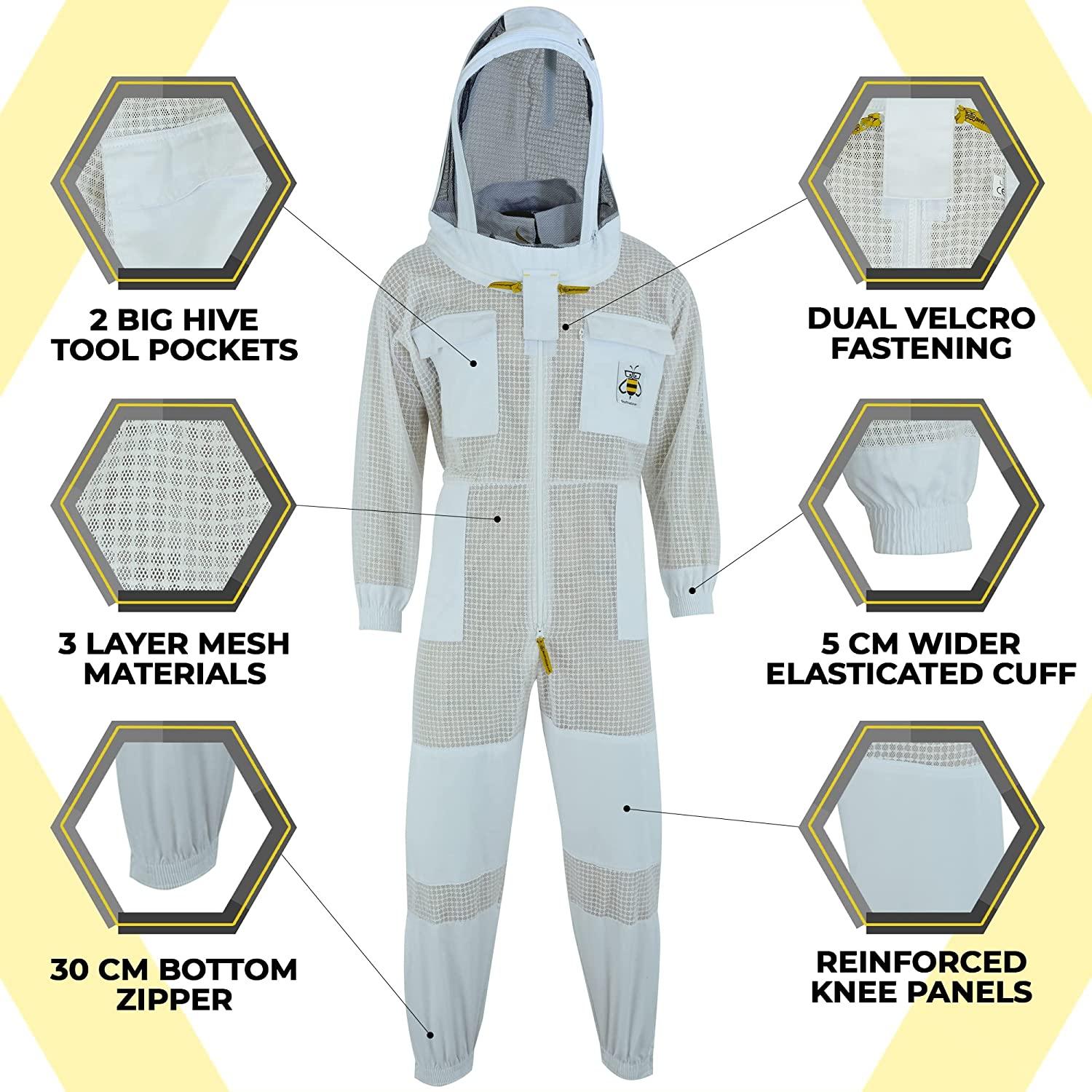 beeprogear ventilated bee suit for men - 3x ultra protective layer beekeeping suit - premium white fabric mesh bee keepers suite - professional bee suit for women with fencing veil (4xl)