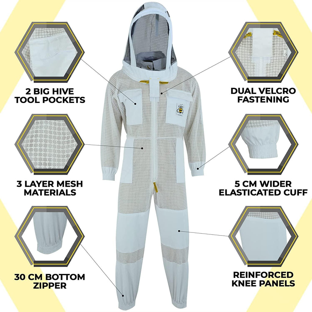 beeprogear ventilated bee suit for men - 3x ultra protective layer beekeeping suit - premium white fabric mesh bee keepers suite - professional bee suit for women with fencing veil (4xl)