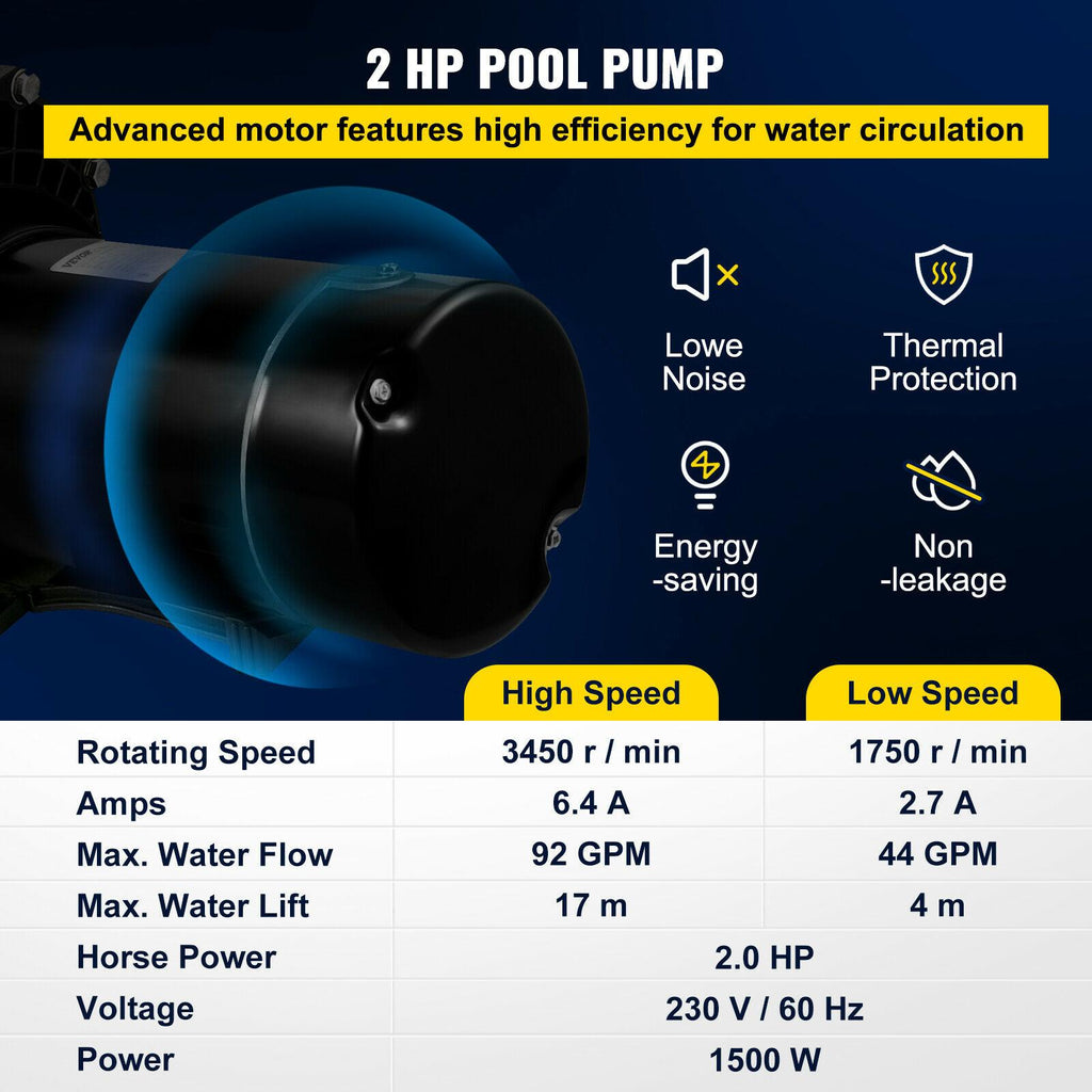 vevor swimming pool pump in/above ground pool pump 2 hp 5280 gph w/ strainer