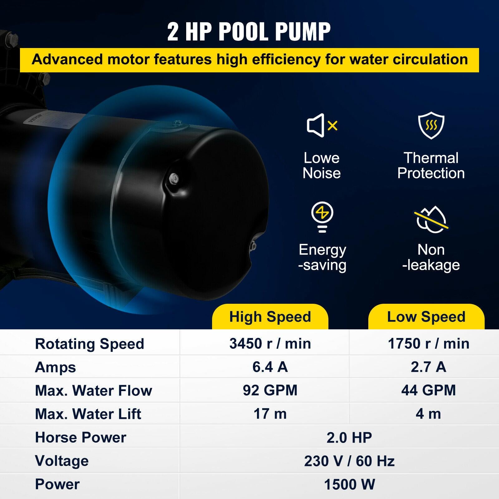 vevor swimming pool pump in/above ground pool pump 2 hp 5280 gph w/ strainer
