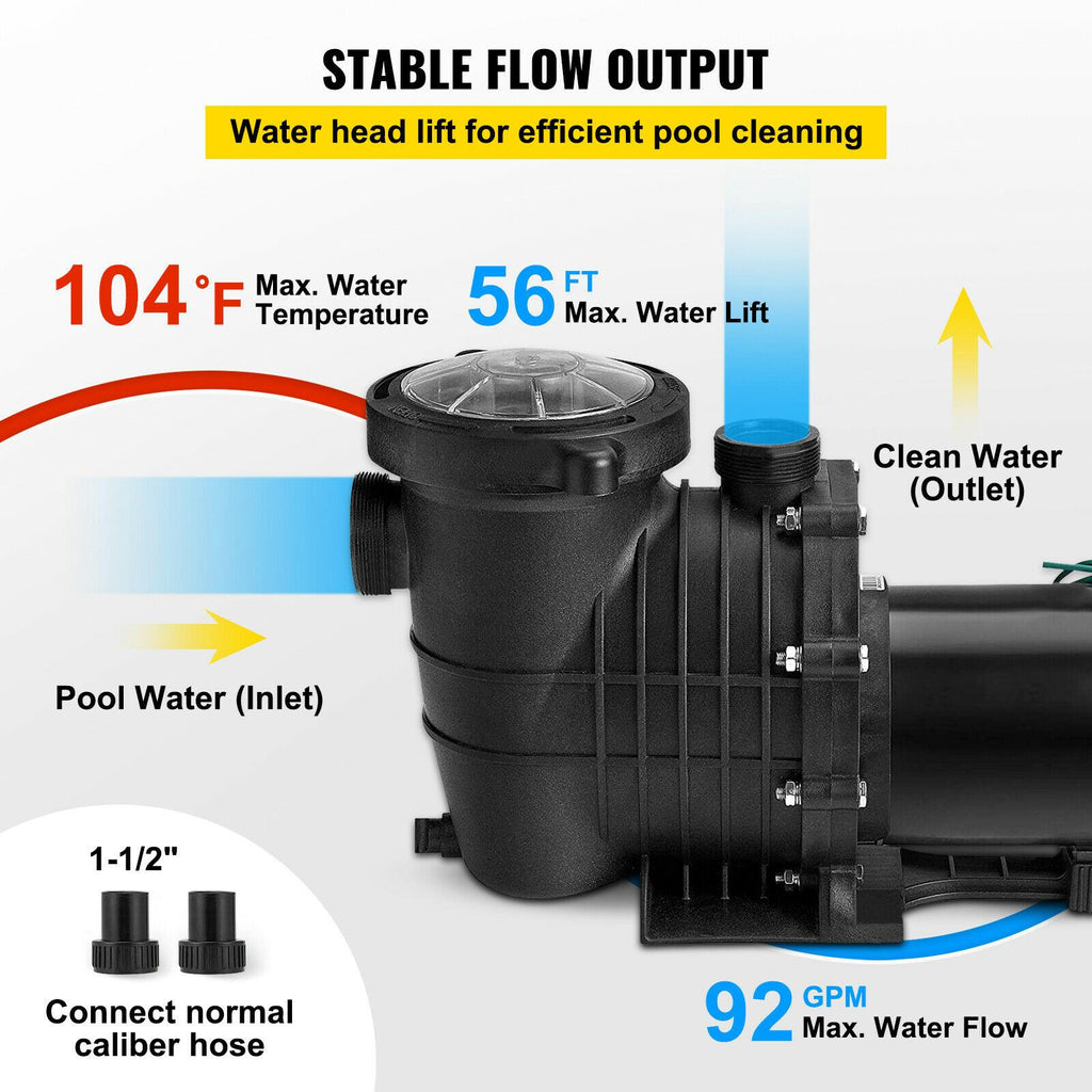 vevor swimming pool pump in/above ground pool pump 2 hp 5280 gph w/ strainer
