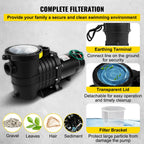 vevor swimming pool pump in/above ground pool pump 2 hp 5280 gph w/ strainer