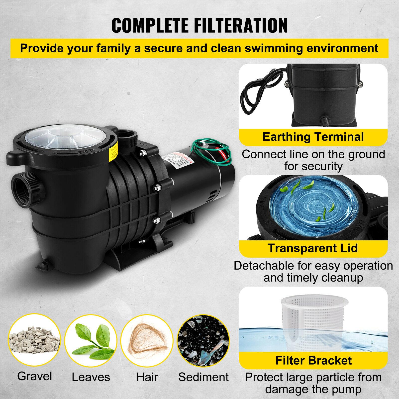 vevor swimming pool pump in/above ground pool pump 2 hp 5280 gph w/ strainer