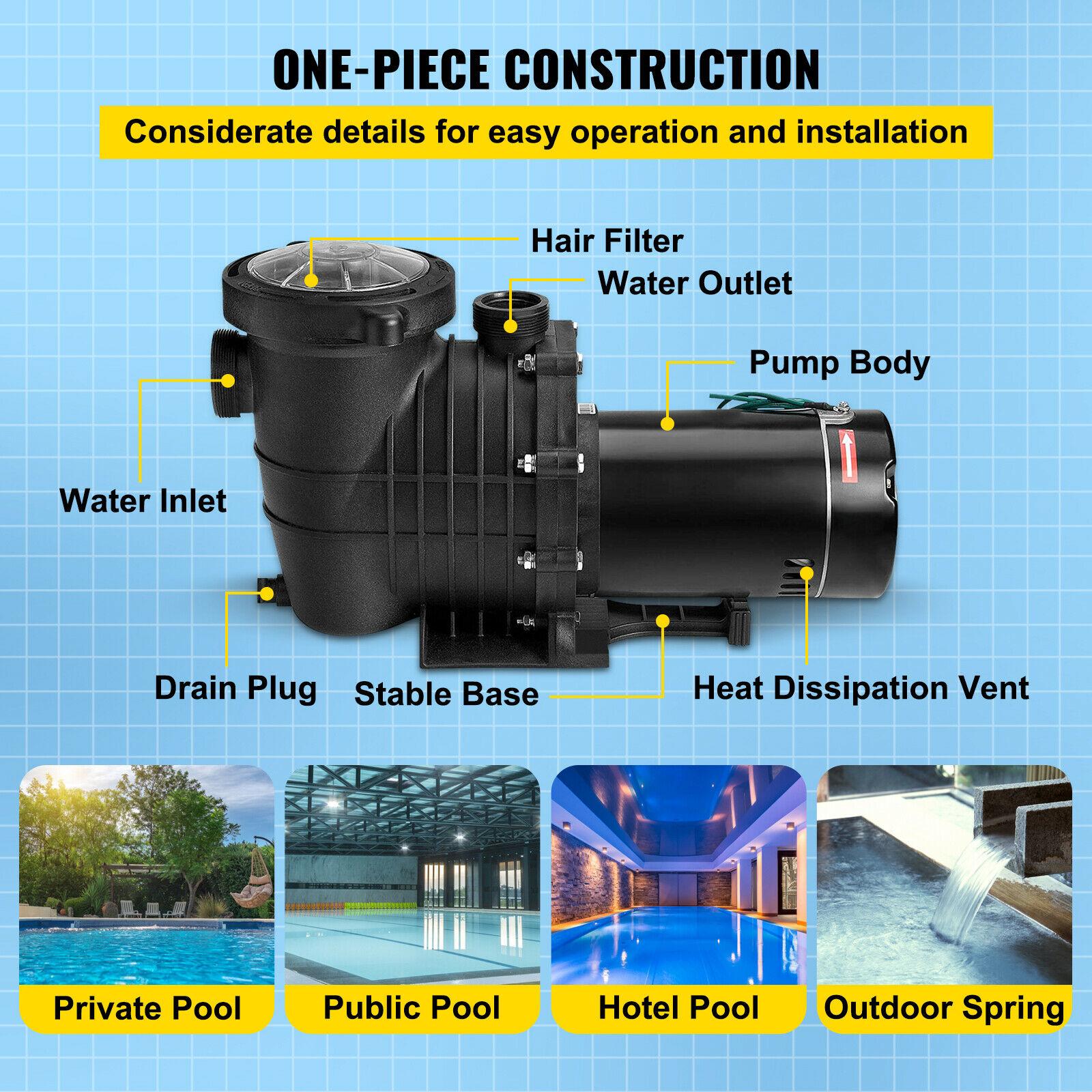 vevor swimming pool pump in/above ground pool pump 2 hp 5280 gph w/ strainer