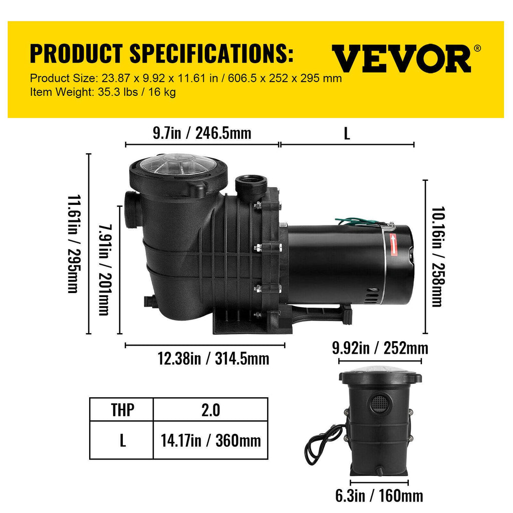 vevor swimming pool pump in/above ground pool pump 2 hp 5280 gph w/ strainer