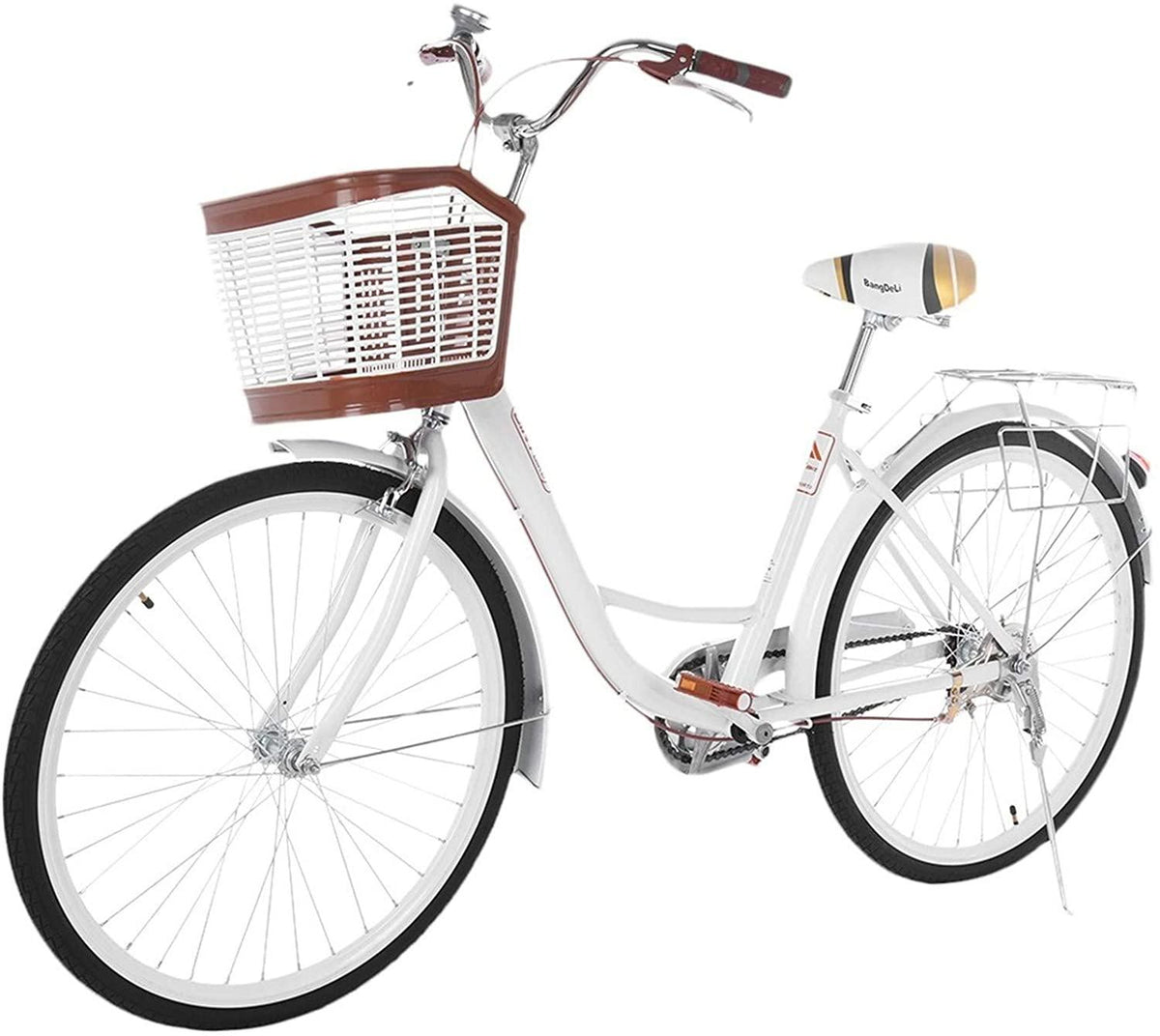 26 Inch Womens Classic Bike, Front Basket, Rear Racks, Retro Bicycle Beach Cruiser Bicycle Retro Bicycle, Road Bike, Seaside Travel Bicycle, Comfortable Commuter Bicycle[Stock in U.S]