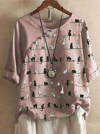 Cat Print Round Neck Cotton And Linen Sleeve Blouse