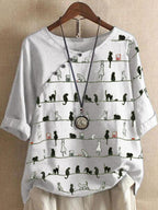 Cat Print Round Neck Cotton And Linen Sleeve Blouse