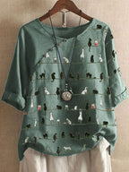 Cat Print Round Neck Cotton And Linen Sleeve Blouse