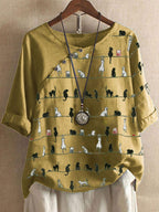 Cat Print Round Neck Cotton And Linen Sleeve Blouse