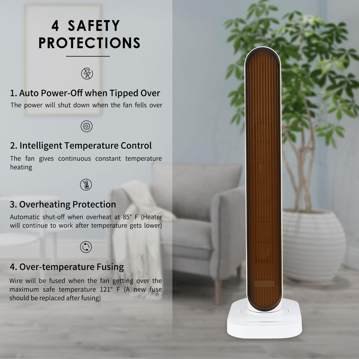 Electric Space Heater 1500W,Whole Room Tower Space Heater with Remote 4 Heat Modes Setting, Overheating Protection, for Bedroom, Office, and Indoor Use, White,32"