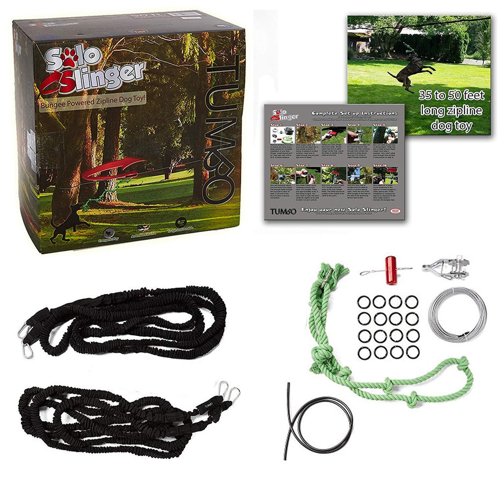 Tumbo Solo Slinger Outdoor Tough Hanging 50 ft Zipline Dog Toy (Uses Bungee Force to Sling Rope Toy Back and Forth to Center) Adjustable Length