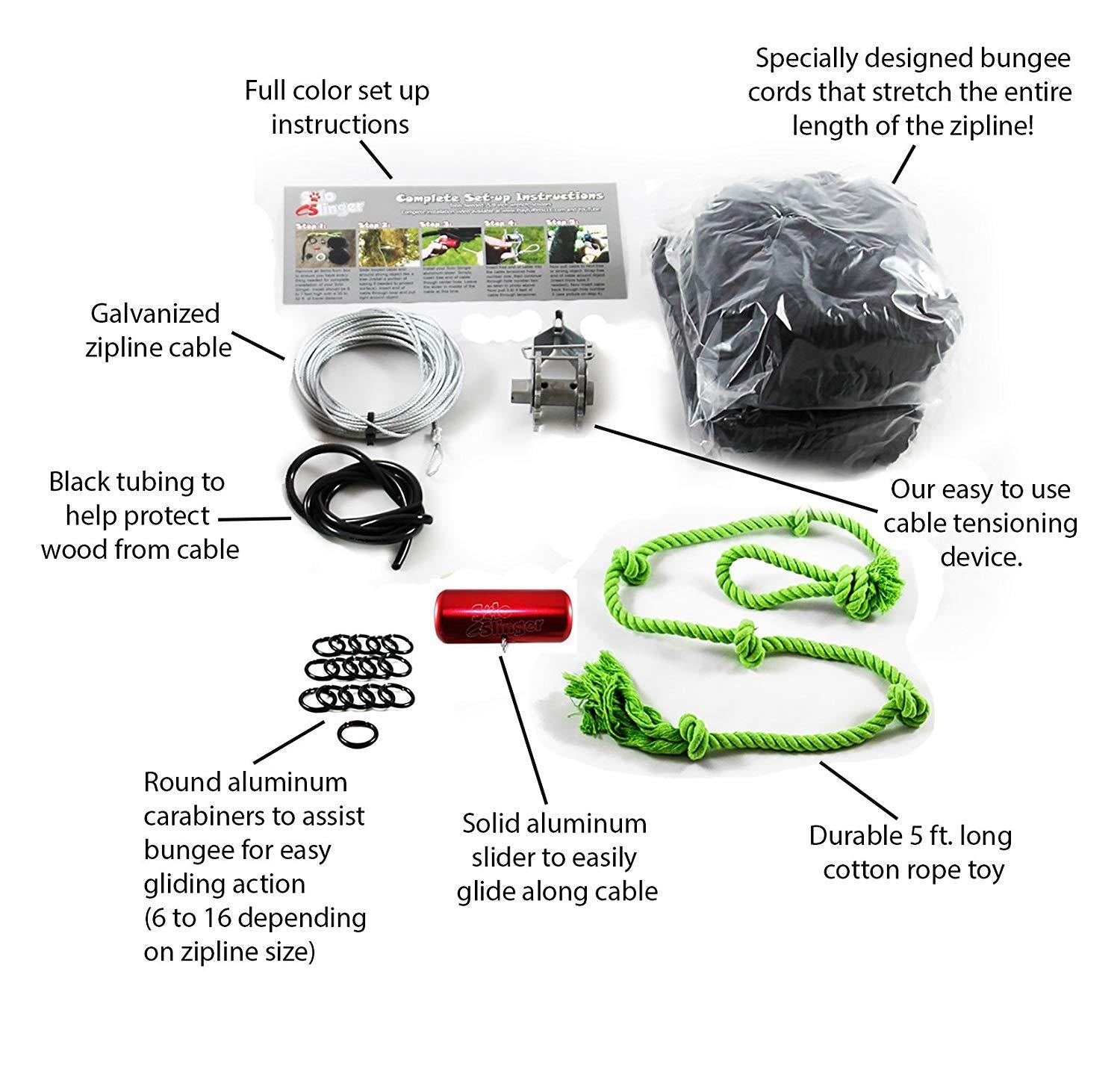 Tumbo Solo Slinger Outdoor Tough Hanging 50 ft Zipline Dog Toy (Uses Bungee Force to Sling Rope Toy Back and Forth to Center) Adjustable Length