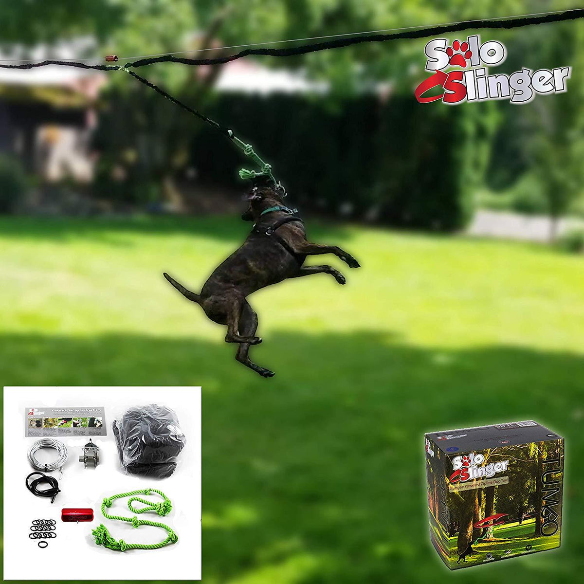 Tumbo Solo Slinger Outdoor Tough Hanging 50 ft Zipline Dog Toy (Uses Bungee Force to Sling Rope Toy Back and Forth to Center) Adjustable Length