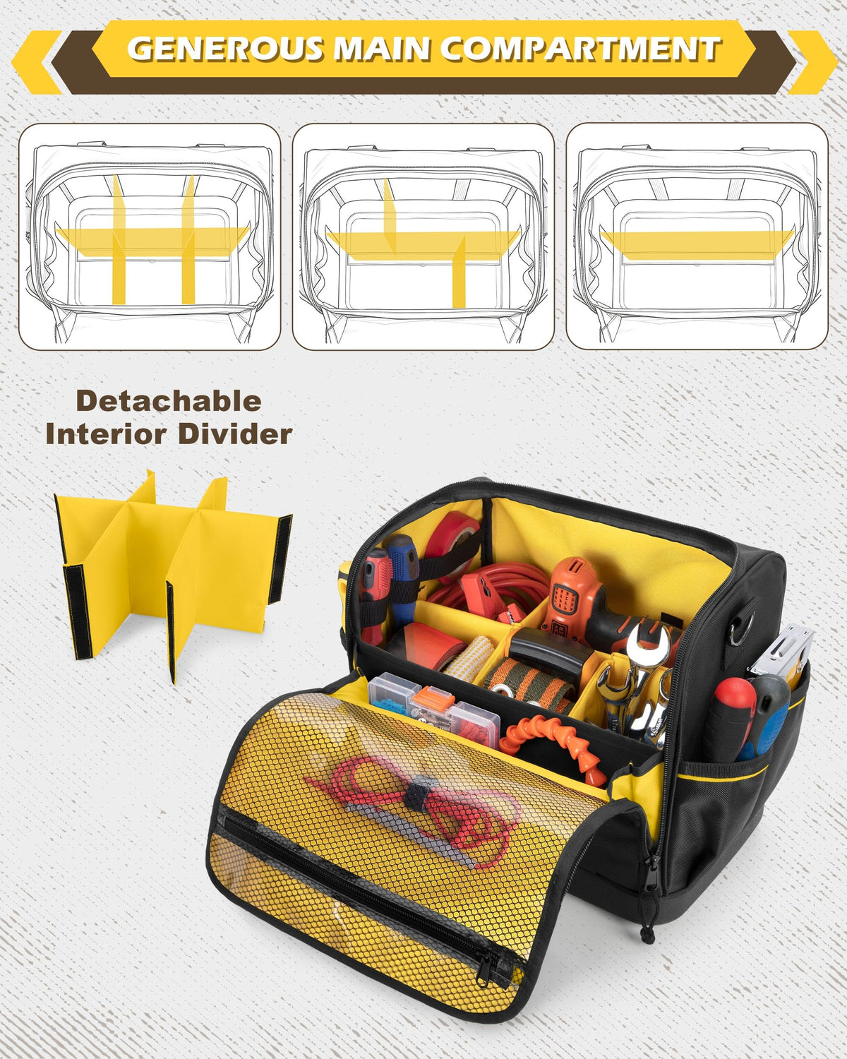 12-Inch Tool Bag with Hard Bottom, Electrician Tool Box Organizer | Detachable Divider, Multiple Pockets, Padded Handle, Adjustable Shoulder Strap, Ideal for Mechanics, Carpenters, Plumbers