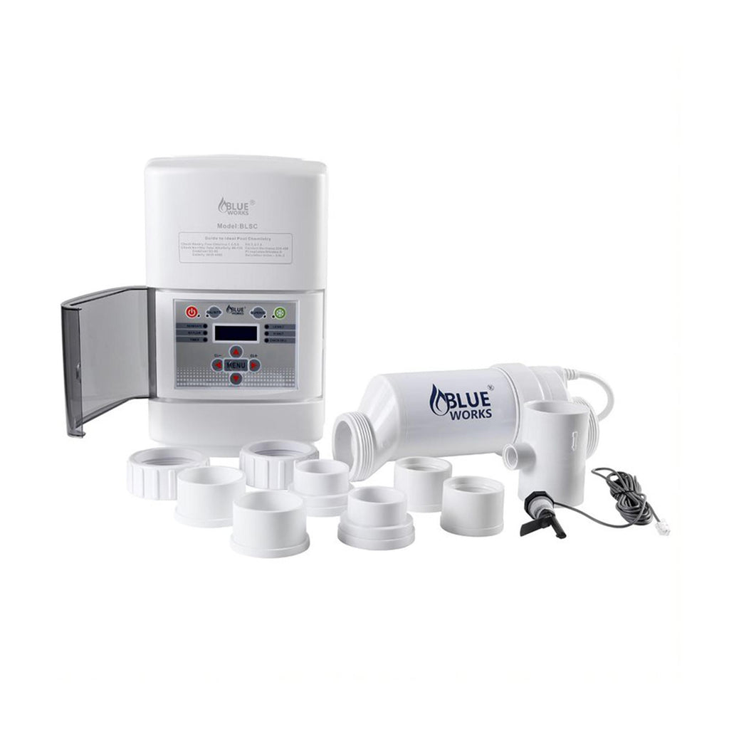 blue works chlorinator salt water pool chlorine generator system, 15,000 gallons, white