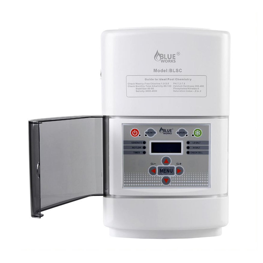 blue works chlorinator salt water pool chlorine generator system, 15,000 gallons, white