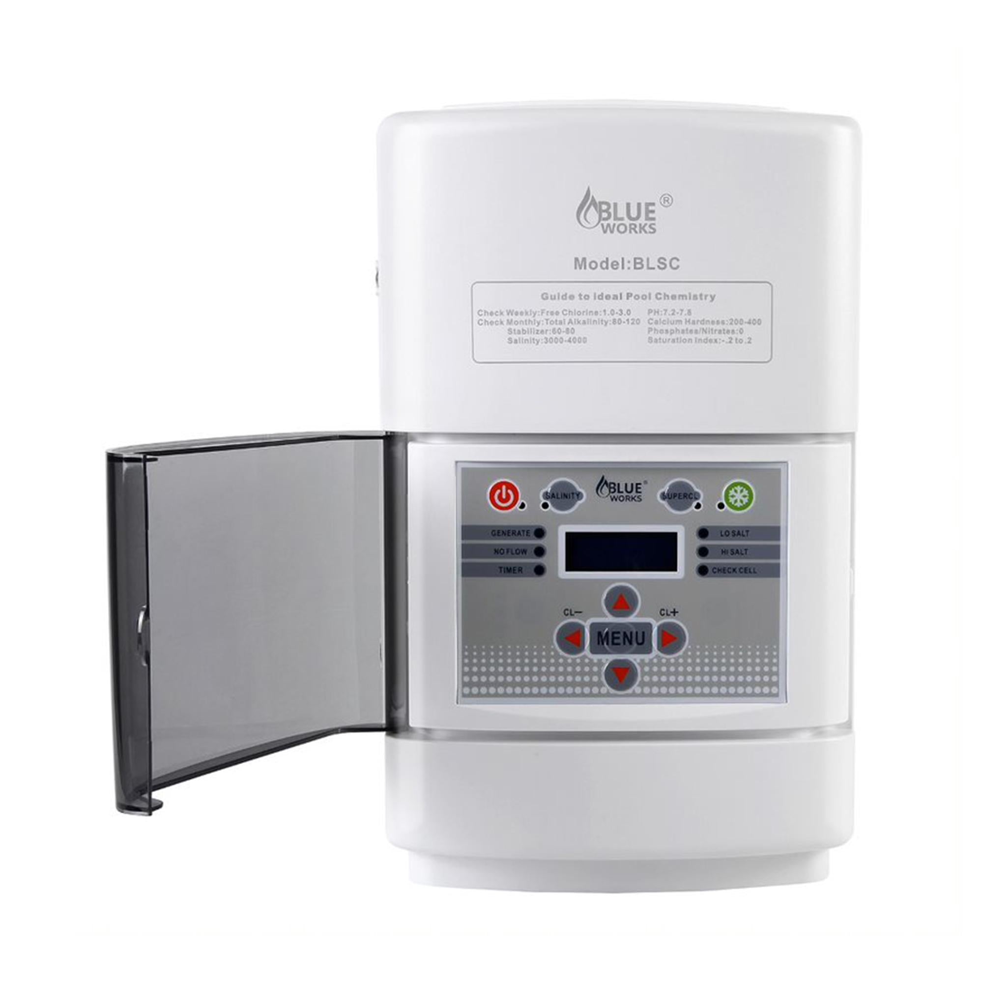 blue works chlorinator salt water pool chlorine generator system, 15,000 gallons, white