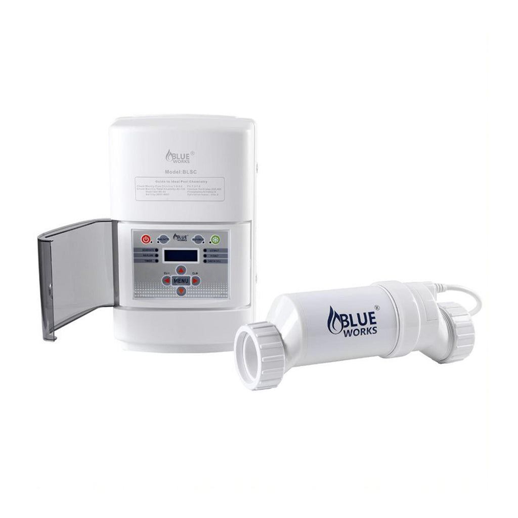 blue works chlorinator salt water pool chlorine generator system, 15,000 gallons, white