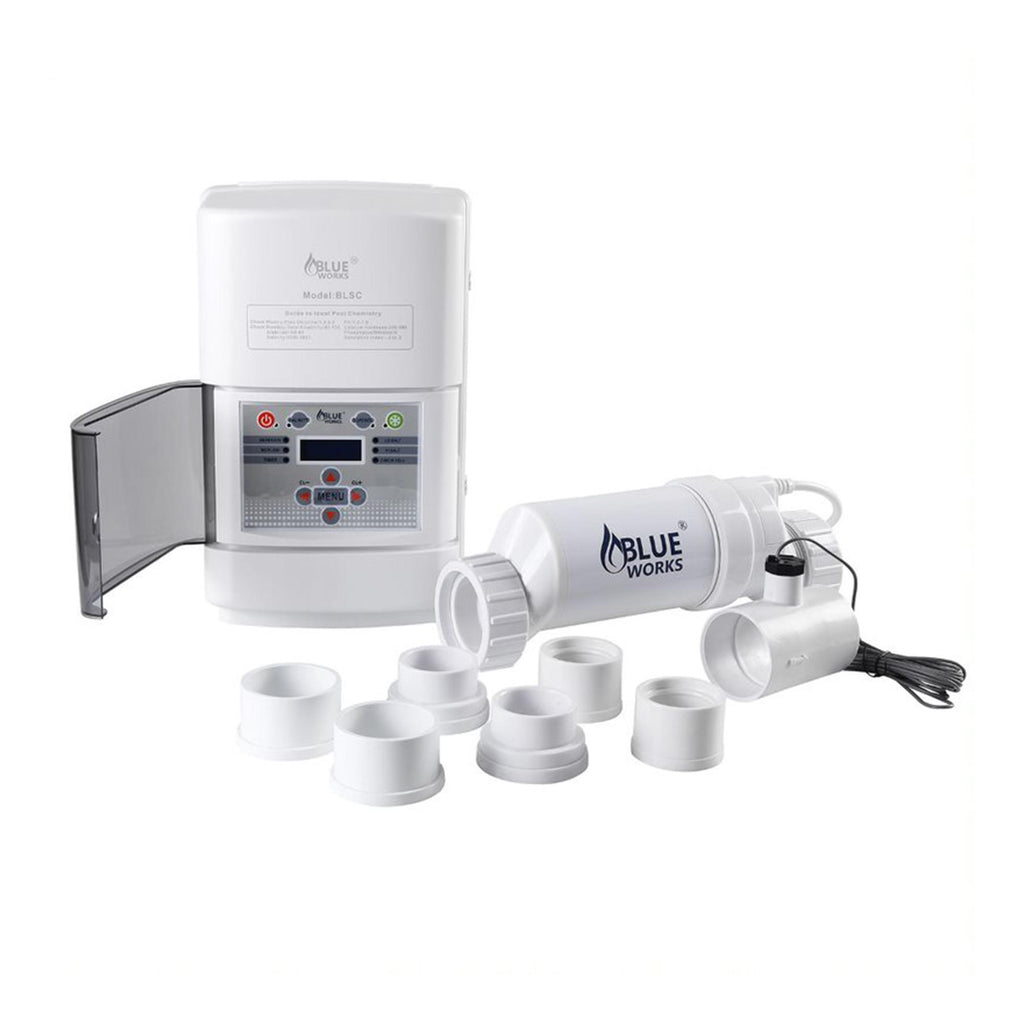 blue works chlorinator salt water pool chlorine generator system, 15,000 gallons, white