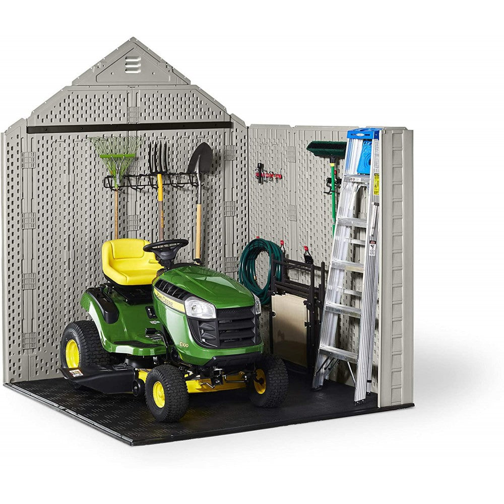 Rubbermaid 7x7 Ft Durable Weather Resistant Resin Outdoor Garden Storage Shed with Windows and Utility Hooks, Sand NO250113