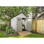 Rubbermaid 7x7 Ft Durable Weather Resistant Resin Outdoor Garden Storage Shed with Windows and Utility Hooks, Sand NO250113