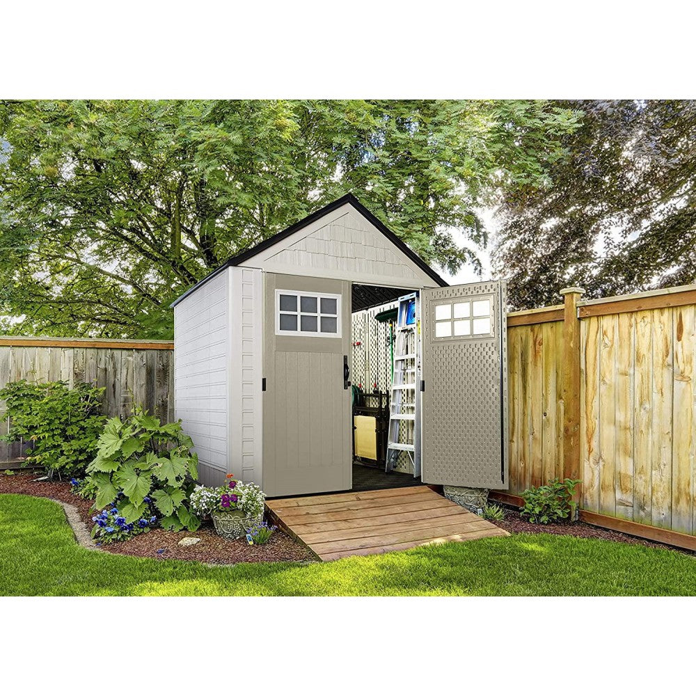 Rubbermaid 7x7 Ft Durable Weather Resistant Resin Outdoor Garden Storage Shed with Windows and Utility Hooks, Sand NO250113