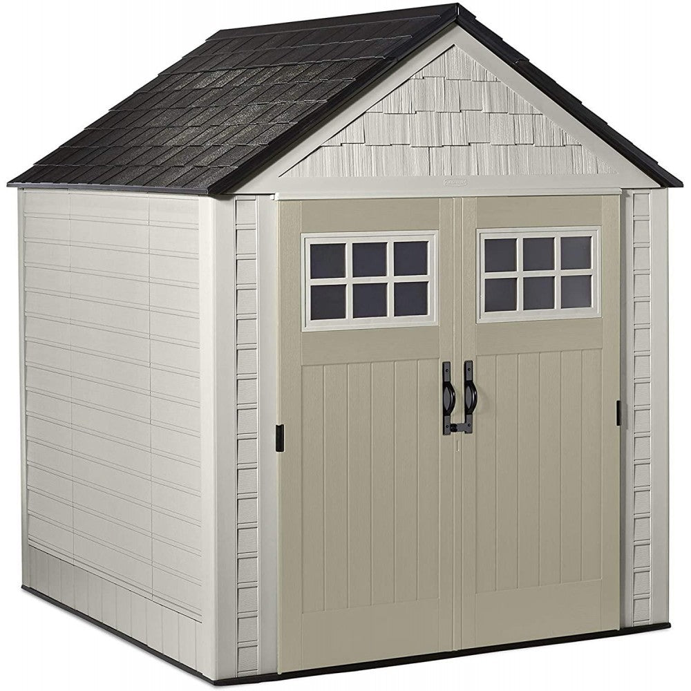Rubbermaid 7x7 Ft Durable Weather Resistant Resin Outdoor Garden Storage Shed with Windows and Utility Hooks, Sand NO250113