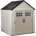 Rubbermaid 7x7 Ft Durable Weather Resistant Resin Outdoor Garden Storage Shed with Windows and Utility Hooks, Sand NO250113