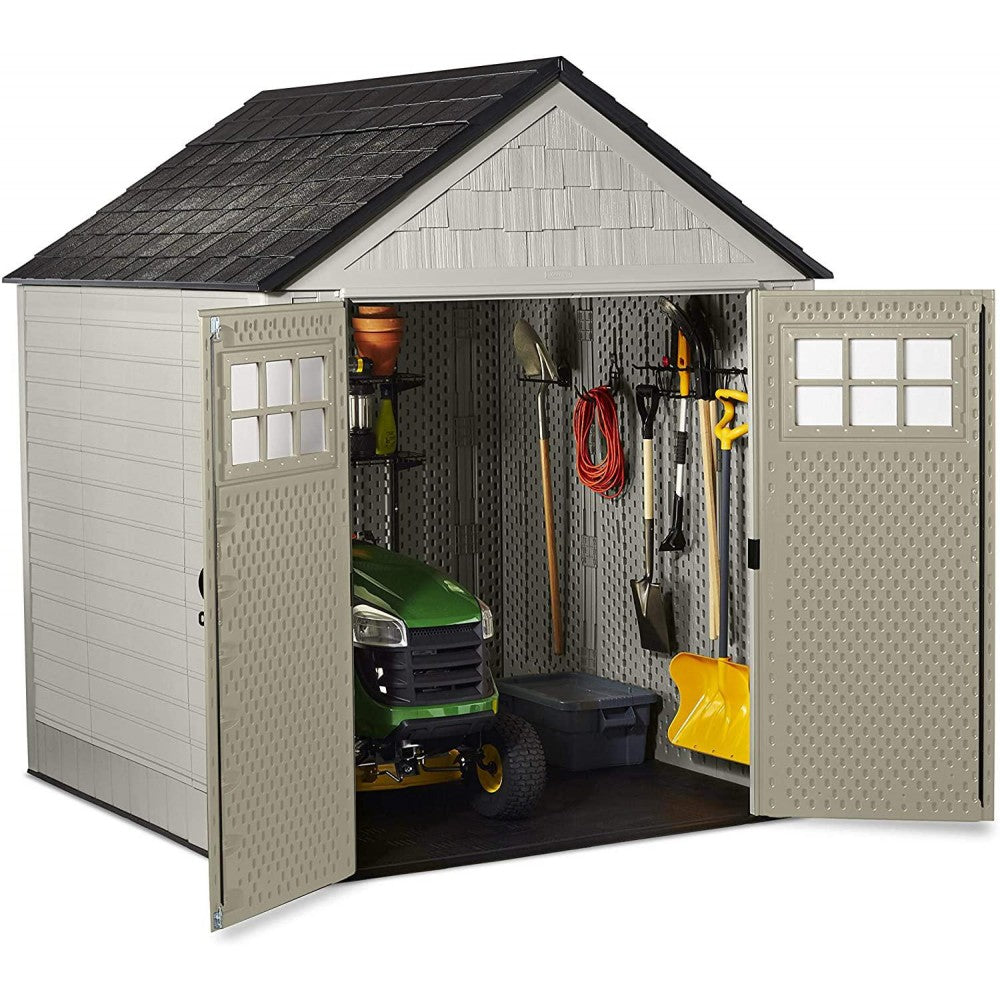 Rubbermaid 7x7 Ft Durable Weather Resistant Resin Outdoor Garden Storage Shed with Windows and Utility Hooks, Sand NO250113